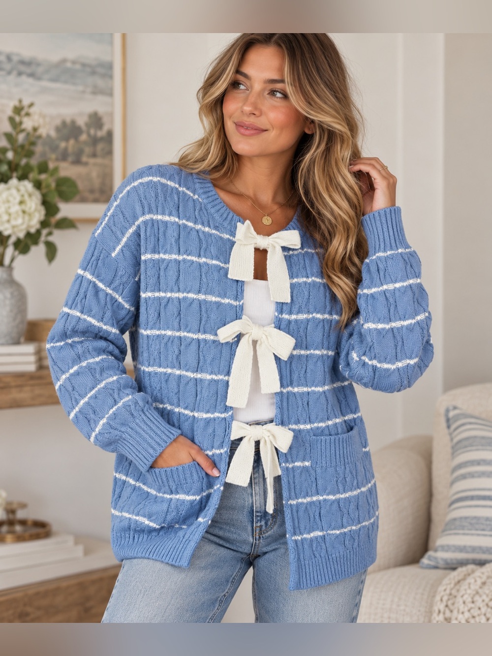 Zesica Cornflower Blue Striped Bow-Tie Cardigan Sweater